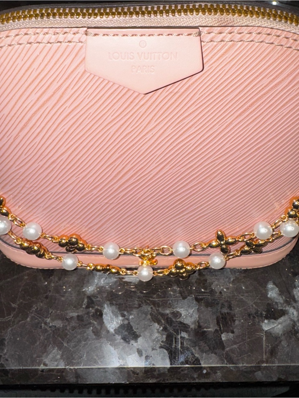 Authentic Alma Mini Louis Vuitton Pink Epi Leather  with Gold-Tone Pearl Chain
